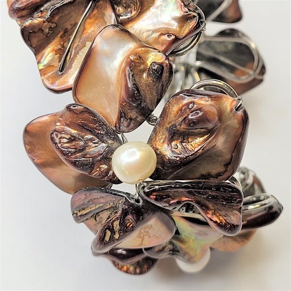Dark Brown Cuff Bracelet with Pearls and Dyed Mother Of Pearl Shell Bangle -NEW - Picture 13 of 15